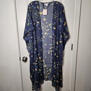 LC Lauren Conrad Navy Orange Floral Kimono One Size Sheer Flowy Duster Ruana